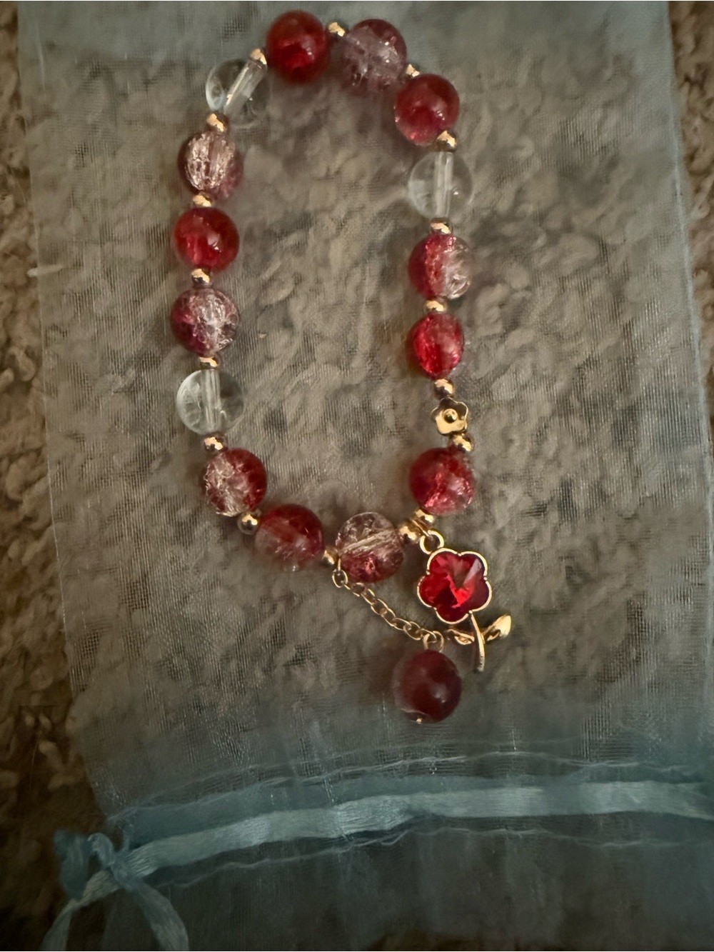 Gold-Tone Red Bead Flower Charm Bracelet - Women's Jewelry